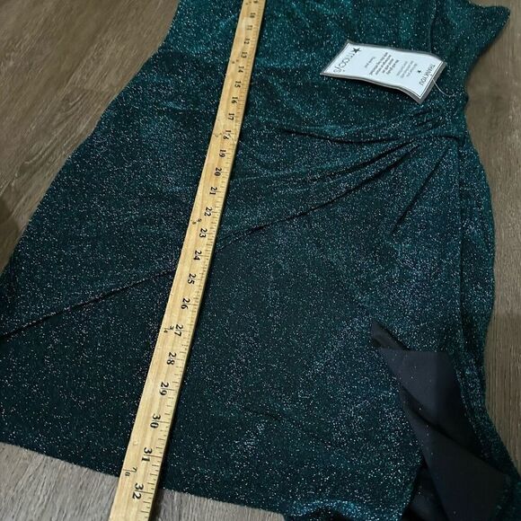 Trixxi Juniors Womens Metallic Gathered Mini Dress Hunter Green Above Knee Sz L - Picture 16 of 16
